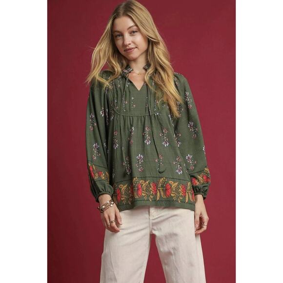 Umgee Bohemian Floral Peasant Blouse Split Neck Balloon Sleeve Shirt S-M-L - Picture 1 of 5